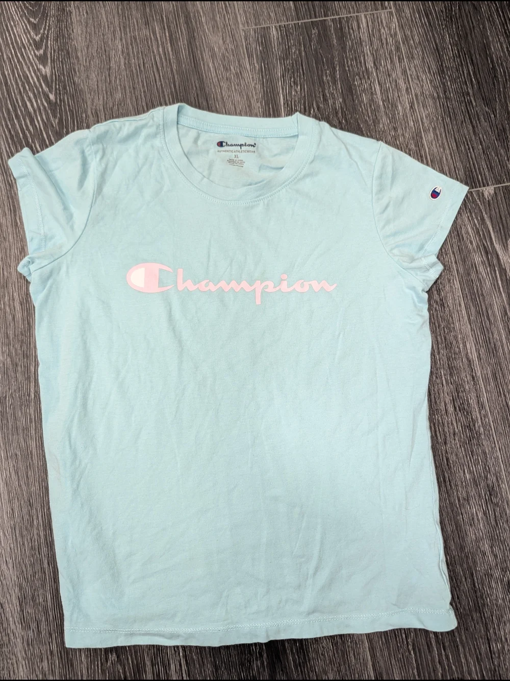 Champion Women's Light Blue Logo Tee with Pink Script